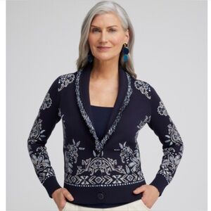 Chico’s Women’s Shawl Fringe Neck Cropped Cardigan Jacquard Design Navy Blue, XL